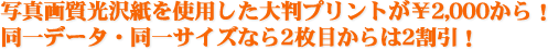 写真画質光沢紙を使用した大判プリントが￥2,000から！同一データ・同一サイズなら2枚目からは2割引！